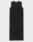 The Tank Dress by Kule is a sleeveless, long black dress made from organic cotton in Portugal. It features a simple, straight silhouette with a round neckline and is displayed flat against a plain white background.