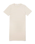 The Kule "The Tee Dress Sand/White Pinstripe" is a beige and white striped dress made from 100% cotton, with short sleeves, shown on a white background.