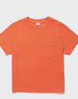 The Kule Wynn Baby Tee, shown on a white background, is an orange 100% cotton top with garment-dye color, short sleeves, a crew neckline, and a small chest pocket.