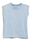 The Aiden Vint Muscle Tee by Frank & Eileen is a light blue, short-sleeved, crew neck top with a slightly faded look and boxy silhouette, shown laid flat on a white background.