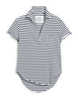 The Charlotte Perfect Polo by Frank & Eileen is a short-sleeved, collared Heritage Jersey shirt with black and white stripes, a single chest pocket, curved hem, and an inside "Frank & Eileen" label.