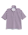 The Patty Popover SS Henley by Frank & Eileen is a short-sleeve top with horizontal navy and burgundy stripes on white, a split neckline, relaxed fit, and soft Heritage Jersey fabric.