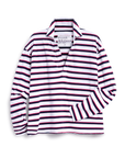 The Patrick Popover Henley by Frank & Eileen is a preppy, cropped long-sleeve collared shirt with white, navy blue, and red stripes, a partially open neckline, and a “Frank & Eileen EST 1947” label inside the collar.