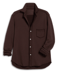 The Frank & Eileen Eileen Button Up Shirt F25 is a relaxed fit, long-sleeve dark brown shirt with a chest pocket and subtly frayed edges, exuding effortless California style on a crisp white backdrop.
