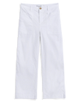 The Frank & Eileen Limerick Carpenter Pant is a white high-waisted, wide-leg utility pant with button and zipper closure, belt loops, and visible front pockets, shown laid flat on a white background.