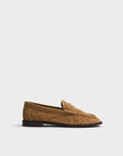 Light brown suede loafer with penny slot and hand-stitched moc toe by Rag & Bone, features OrthoLite insoles.