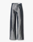 The Rag & Bone logan wide - metallic indigo jeans feature a high-waisted, wide-leg design in dark grey rigid denim with a faded effect, front pockets, and belt loops, shown against a white background.