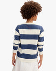A person with curly hair wears the Clare Vivier LS Rugby Stripe Tee in blue and white 100% cotton, paired with a white skirt, standing with their back to the camera against a plain light background.