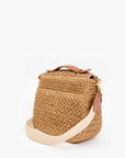 Woven tan crossbody bag with cream strap and brown leather accents by Clare Vivier, classic style.