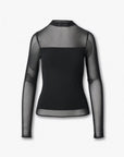 The Rag & Bone luca dbl layer mix media mockneck ls is a black, slim fit one-piece top with semi-sheer mesh long sleeves and neckline and a solid stretch jersey torso, shown on a plain white background.