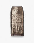 The Rag & Bone lucy sequin skirt is a classic-fit, knee-length pencil skirt featuring dazzling gold sequins and a sheer hem panel—perfect for party season. Shown on a plain white background.