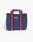 Blue cotton mini tote with tricolor handles and Mother embroidery, chic design by Mother.