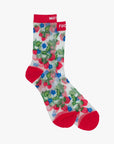 The Step Up Sock by Mother features translucent grey fabric with red toes, heels, and cuffs, a colorful strawberry, blue flower, and black star pattern, plus "MOT" and "FUC" in white on the tops.