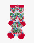 The Step Up Sock by Mother features a white base with red heels, toes, and cuffs. It displays red strawberries, green leaves, blue flowers, black stars, and "MOTHER" knit in white on the red cuff.