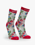 Step up your style with The Step Up Sock by Mother: sheer white tube socks featuring red accents and playful strawberry, flower, and star details. Translucent grey cuffs showcase bold "MOTHER" and "FUCKER" text on each sock.
