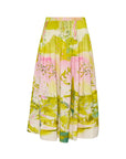 The Fallon Skirt by Hunter Bell NYC is a knee-length midi with a vibrant custom abstract pattern in green, pink, and white. Made from lightweight fabric, it features a pleated waistline for a gentle flare.