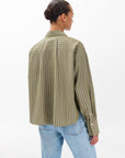 A person with dark hair in a bun wears the Rag & Bone martha poplin striped shirt, an olive green, boxy-fit cotton top with pinstripes, paired with light blue jeans and shown from the back against a plain white background.