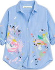 Blue and white striped shirt with rolled sleeves and hand-painted design, Kerri Rosenthal Mia Happimess Studio.
