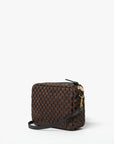The Clare Vivier Midi Sac S25 is a small, square handwoven leather crossbody with a dark brown and black checkerboard pattern, black strap, and gold zipper hardware, displayed on a plain white background.