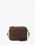 The Clare Vivier Midi Sac S25 is a small handwoven leather crossbody bag in a dark brown and black checkered pattern, featuring a detachable black strap with gold-tone hardware, shown on a plain white background.
