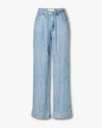 The Rag & Bone miramar slink lounge pant is a light blue, high-waisted, wide-leg style with a trompe l'oeil denim print, drawstring waist, front pockets, and frayed hems. Shown on a plain white background.