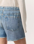 The person is seen from behind in a Rag & Bone beige and white striped long-sleeve top and Miramar Walking Short with an elastic waistband in blue denim print. The shorts feature a back pocket on the right side, and the fabric's slight fading contributes to the casual look.