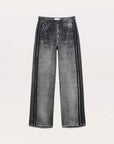 The Rag & Bone Miramar Wide Leg Track Pant features a high waist, wide-leg fit, black faded denim look, vertical front seams, five pockets, and raw-cut hems.