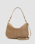 The Moyen Messenger S25 by Clare Vivier is a tan, handwoven leather handbag with a single shoulder strap and detachable crossbody strap. This zip-top crescent hobo bag boasts gold-tone hardware, showcased against a plain white background.