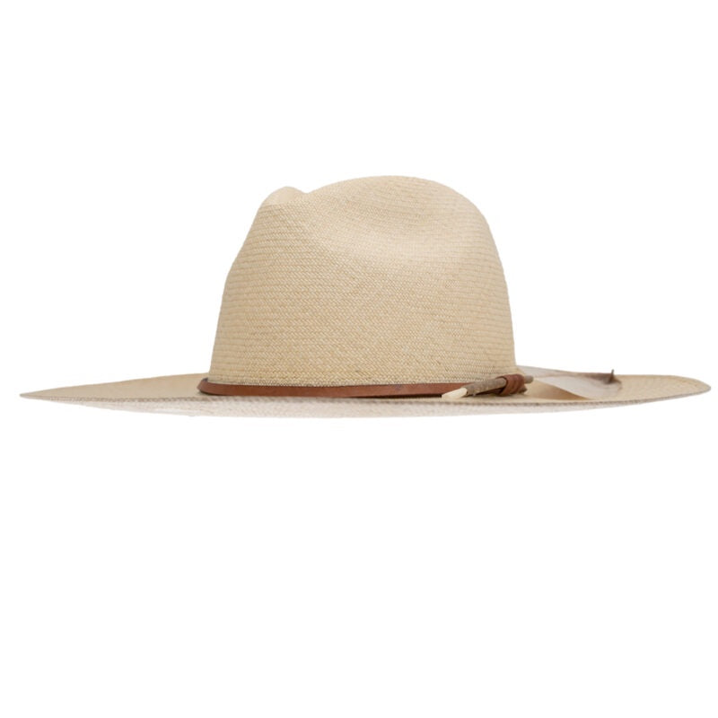 A wide-brimmed, Matteo XLong Brim hat with a brown leather band, isolated on a white background by Ninakuru.