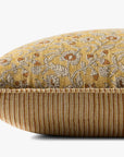The PLL0164 Pillow 22x22 by Loloi Rugs features a yellow floral linen top, orange and beige vertical striped sides, and a hidden flap zipper, shown close-up against a plain white background.