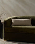 An olive green velvet sofa with a Loloi Rugs PJBR0001 Natural BR Pillow, a rectangular beige cotton cushion with a hidden zipper, sits next to a small black side table holding a vase of bare branches. Soft natural light casts shadows on the neutral wall.