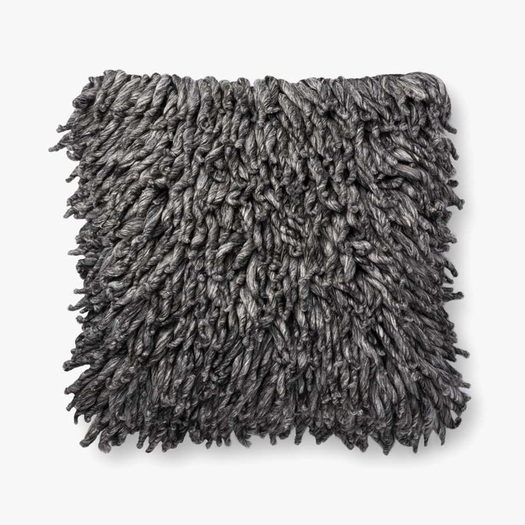 The "Charcoal 22x22" pillow by Loloi Rugs features a square shape with thick, twisted fibers and a shaggy texture in a rich dark gray color, offering a wool-like appearance. It comes with an insert to enhance comfort and adds a cozy, inviting look against a plain white background.