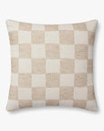 The Loloi Rugs Checkered Pillow 22x22 features a beige and off-white checkered, textured woven design, shown on a plain white background.