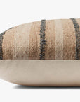 The PAL0038 Elowen Natural pillow by Loloi Rugs features a textured beige and brown woven cotton-polyester top with dark horizontal stripes and a smooth plain beige fabric on the bottom.