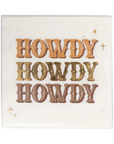 The My Mind's Eye Cocktail Paper Napkin features "HOWDY" repeated three times in large orange, gold, and copper metallic letters with four small gold stars—an ideal festive touch for your summer barbeque.