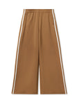 The Mikos Travel Wideleg Pant by Perfectwhitetee, in brown with white side stripes, features an elastic waistband and side pockets, shown laid flat on a white background.
