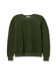 The Ziggy Reverse LS Sweatshirt by Perfectwhitetee is a dark green crewneck made from inside out cotton fleece with bracelet-length sleeves, ribbed cuffs, hem, and neckline, displayed on a white background.