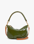 Crinkle Army green Clare Vivier Petit Moyen Messenger with gold accents, short handle, and detachable crossbody strap.