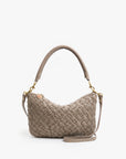 The Clare Vivier Petite Moyen S25 is a taupe handwoven leather mini messenger bag with a short handle, detachable crossbody straps, gold hardware, and a small charm by the zipper, shown against a plain white background.