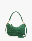 The Petit Moyen Messenger S25 by Clare Vivier is a sleek, green woven handbag made of handwoven leather with a curved shape and gold hardware. It features a smooth short handle and adjustable crossbody straps with gold clasps against a pure white backdrop.