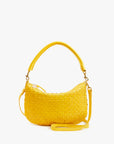 The Clare Vivier Petit Moyen Messenger S25 is a small yellow handwoven leather handbag featuring a curved top handle and detachable crossbody straps, shown against a plain white background.