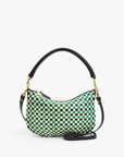 The Clare Vivier Petit Moyen Messenger S25 is a small mini messenger bag with a black and green checkered handwoven leather design, gold-tone hardware, black leather top handle, and detachable crossbody straps, shown on a white background.