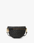 The Clare Vivier Petit Fanny F25 is a black woven leather belt bag with an adjustable strap, gold hardware, a front gold zipper, and a round gold charm on the zipper pull, shown against a plain white background.