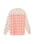 The Phillipa Shirt by Xirena is a 100% cotton, long-sleeve collared top with pink plaid on the back and light gray plaid on the sleeves and upper back, shown from behind against a white background.