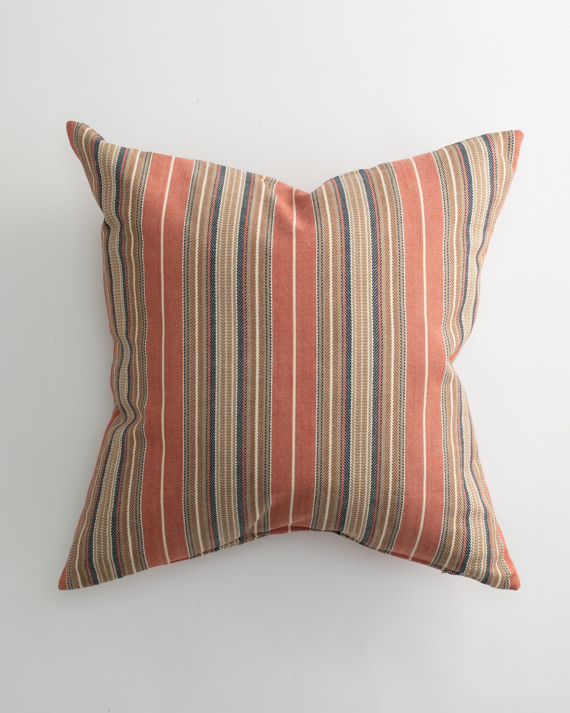 The Pindler CARPENTER 26x26 Pillow features vertical red, beige, and blue stripes and a plush down insert for comfort. This luxurious square pillow is shown on a white background.