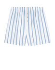 The Pop Boxer by Donni are white cotton poplin boxer shorts with blue vertical stripes, a relaxed fit, and a four-button fly. They feature an elastic waistband for comfort.