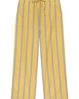 The Stripe Pop Drawstring Pant by Donni features yellow with vertical blue and white lines in cotton poplin. These stylish pants have a drawstring waist, elastic waistband, and two side pockets, offering lightweight breathability for casual outings.