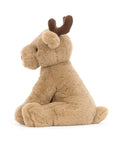 The Romi Reindeer plush by Jelly Cat Inc. features light brown fur, dark brown antlers, and a pink nose. Sitting upright on a white background, this soft and cuddly toy adds festive charm to any room for the holiday season.
