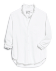 The Frank & Eileen Ruffle/Eileen Button Up is a white shirt with a flattering fit, ruffled collar, single chest pocket, and partially rolled-up sleeves.