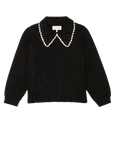 The Crochet Collar Pullover by The Great Inc. is a black long-sleeve sweater with a plush yarn, crochet collar, and scalloped white trim, shown laid flat on a white background.